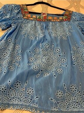Johnny Was Happy Sia Sky Blue / Azure peasant blouse with all over eyelet